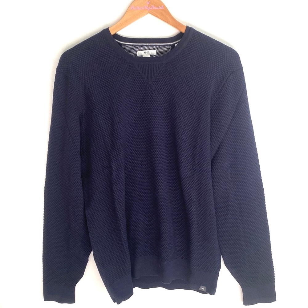 Brax‎ Mens XL Navy Patch Chunky Knit Rick Merino Wool Crewneck Sweater Pullover